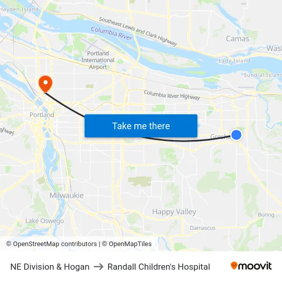 NE Division & Hogan to Randall Children's Hospital map