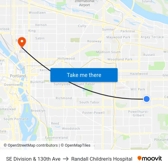 SE Division & 130th Ave to Randall Children's Hospital map