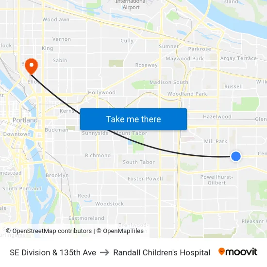 SE Division & 135th Ave to Randall Children's Hospital map