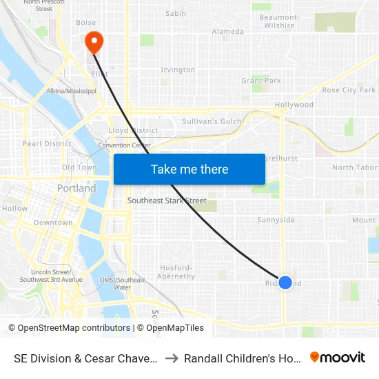 SE Division & Cesar Chavez Blvd to Randall Children's Hospital map