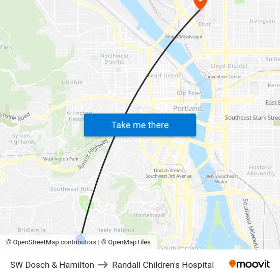 SW Dosch & Hamilton to Randall Children's Hospital map