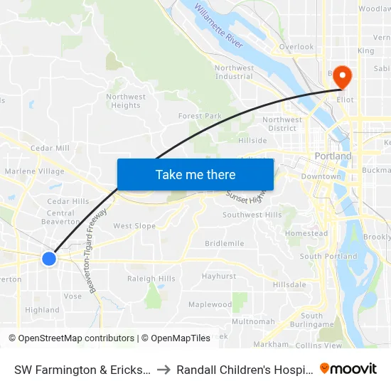 SW Farmington & Erickson to Randall Children's Hospital map