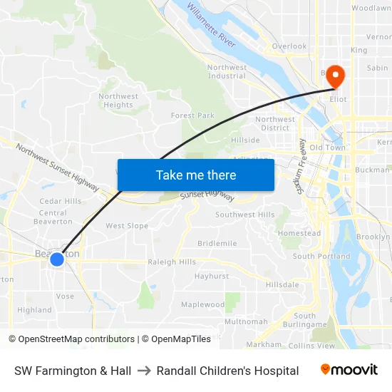 SW Farmington & Hall to Randall Children's Hospital map
