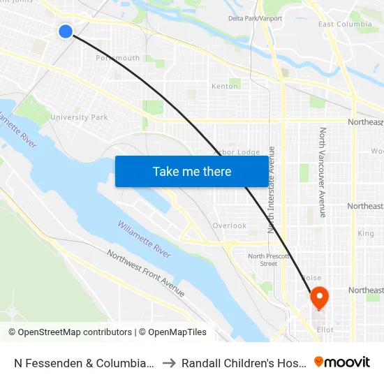 N Fessenden & Columbia Way to Randall Children's Hospital map