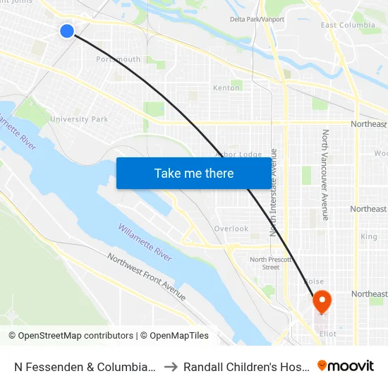 N Fessenden & Columbia Way to Randall Children's Hospital map
