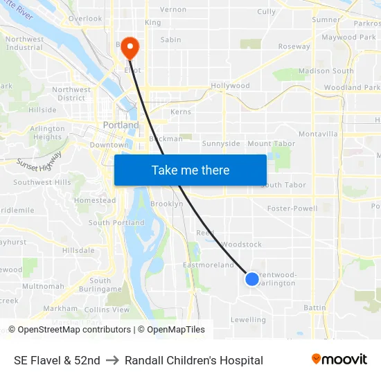 SE Flavel & 52nd to Randall Children's Hospital map