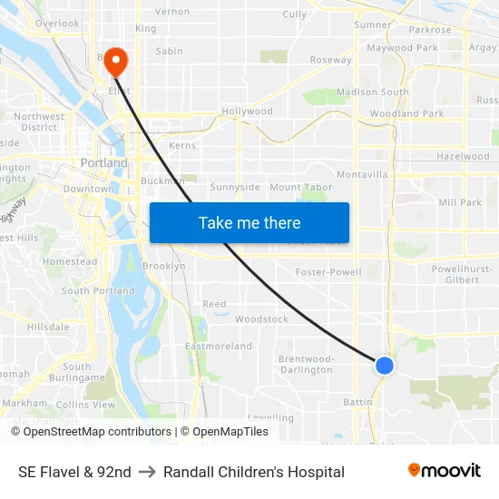 SE Flavel & 92nd to Randall Children's Hospital map