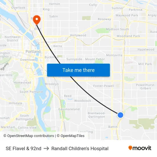 SE Flavel & 92nd to Randall Children's Hospital map