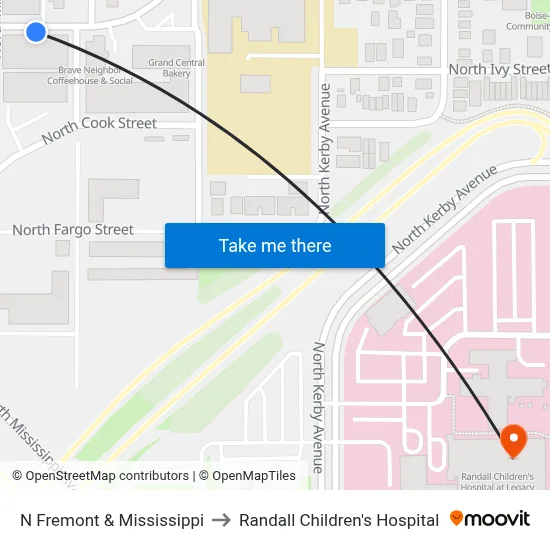 N Fremont & Mississippi to Randall Children's Hospital map