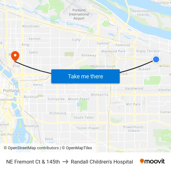 NE Fremont Ct & 145th to Randall Children's Hospital map