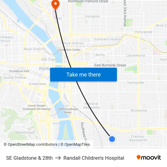 SE Gladstone & 28th to Randall Children's Hospital map
