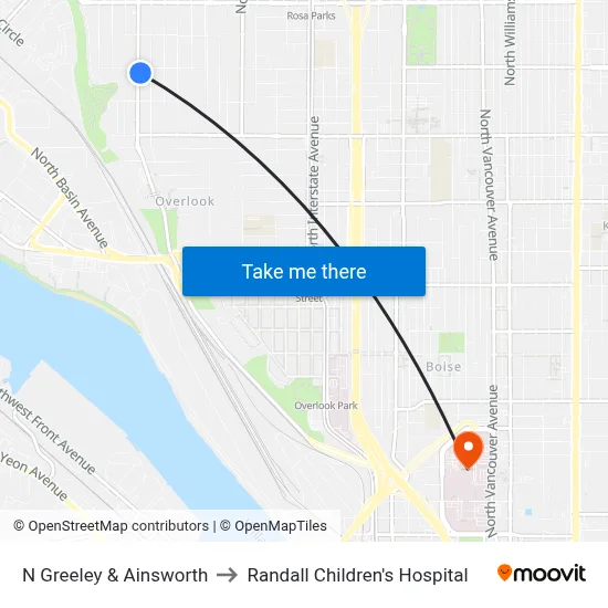 N Greeley & Ainsworth to Randall Children's Hospital map