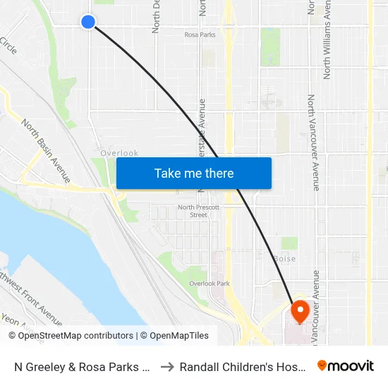 N Greeley & Rosa Parks Way to Randall Children's Hospital map