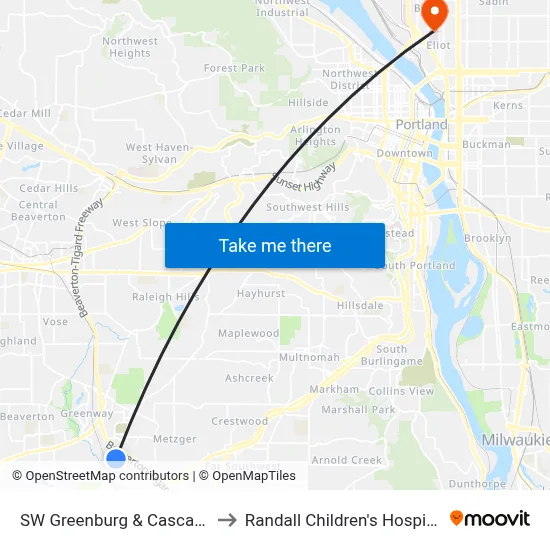 SW Greenburg & Cascade to Randall Children's Hospital map
