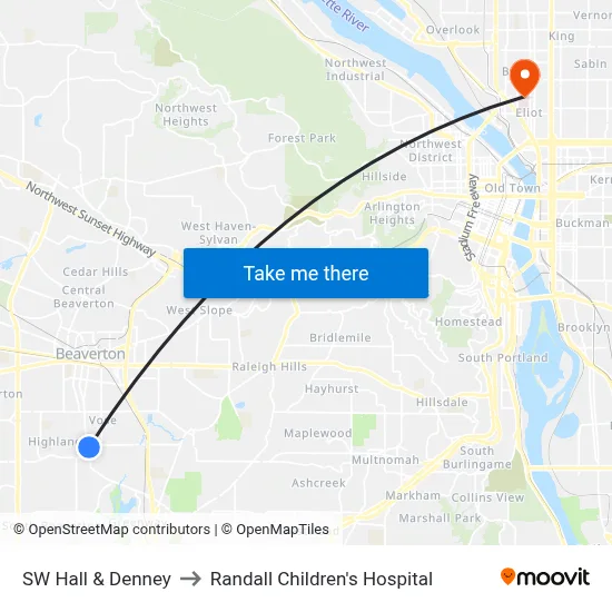 SW Hall & Denney to Randall Children's Hospital map