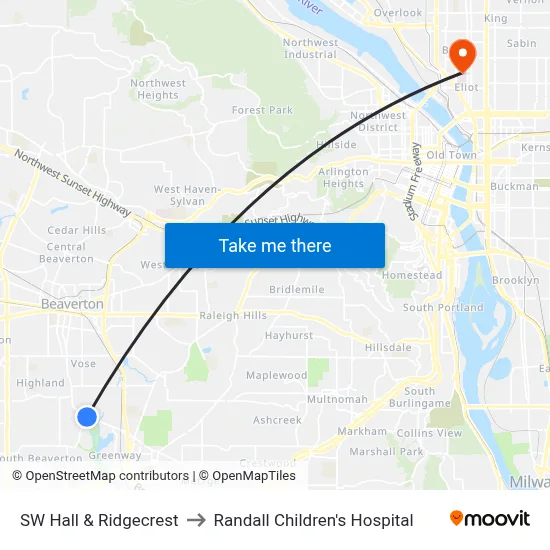 SW Hall & Ridgecrest to Randall Children's Hospital map