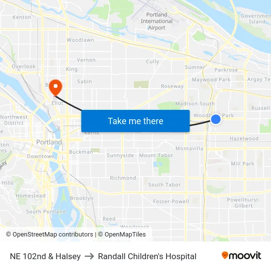 NE 102nd & Halsey to Randall Children's Hospital map