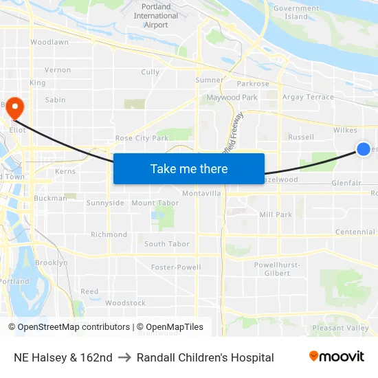 NE Halsey & 162nd to Randall Children's Hospital map
