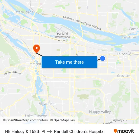 NE Halsey & 168th Pl to Randall Children's Hospital map