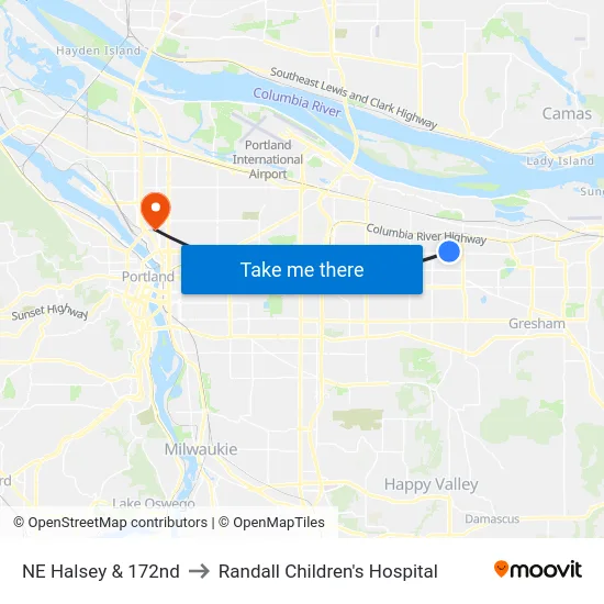 NE Halsey & 172nd to Randall Children's Hospital map
