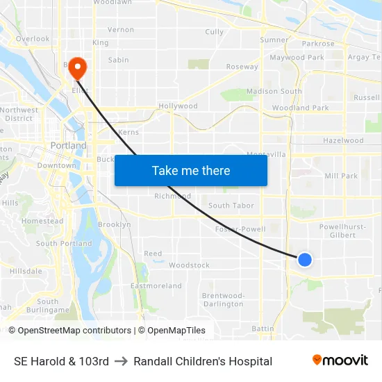 SE Harold & 103rd to Randall Children's Hospital map