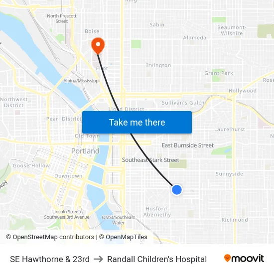 SE Hawthorne & 23rd to Randall Children's Hospital map