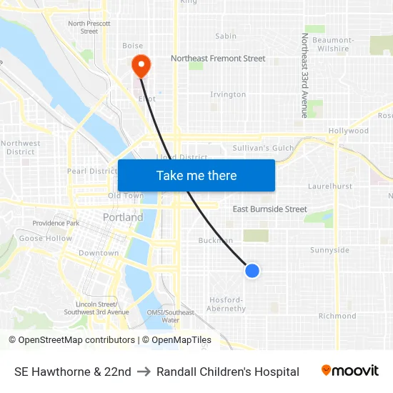 SE Hawthorne & 22nd to Randall Children's Hospital map