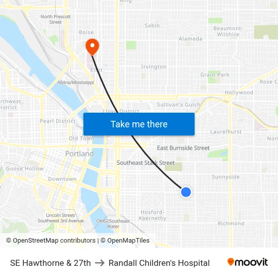 SE Hawthorne & 27th to Randall Children's Hospital map