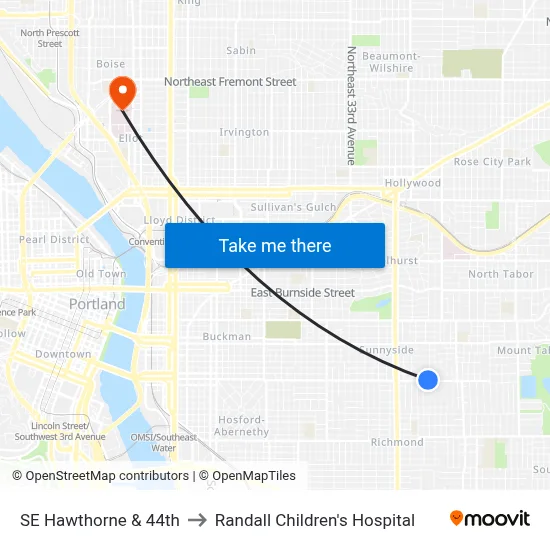 SE Hawthorne & 44th to Randall Children's Hospital map