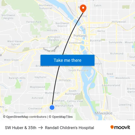 SW Huber & 35th to Randall Children's Hospital map