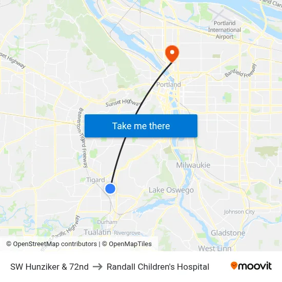 SW Hunziker & 72nd to Randall Children's Hospital map