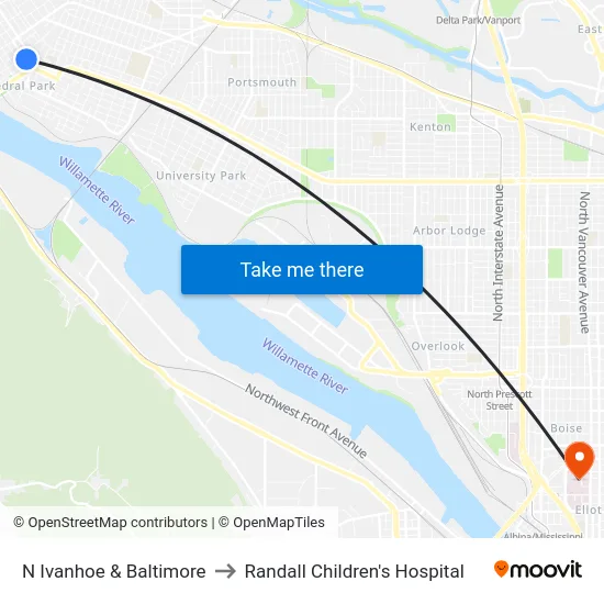 N Ivanhoe & Baltimore to Randall Children's Hospital map