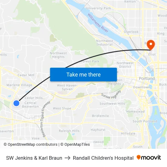 SW Jenkins & Karl Braun to Randall Children's Hospital map