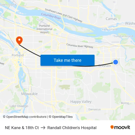 NE Kane & 18th Ct to Randall Children's Hospital map