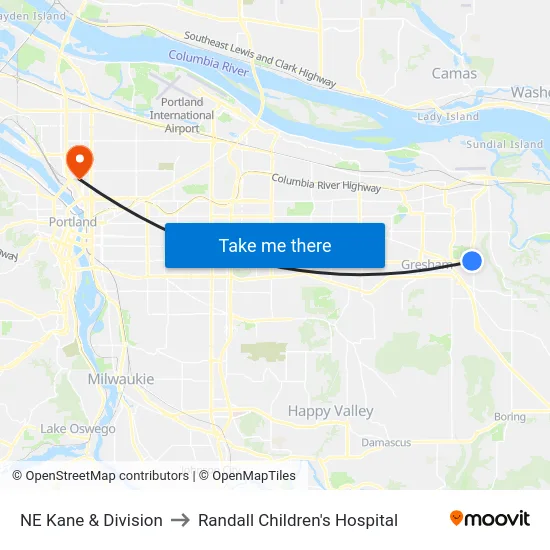 NE Kane & Division to Randall Children's Hospital map
