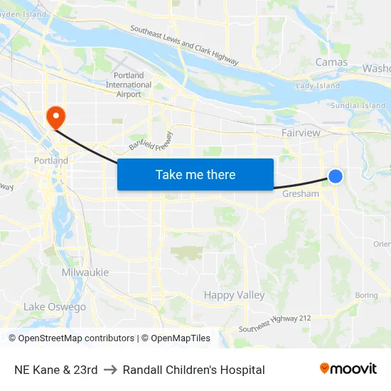 NE Kane & 23rd to Randall Children's Hospital map