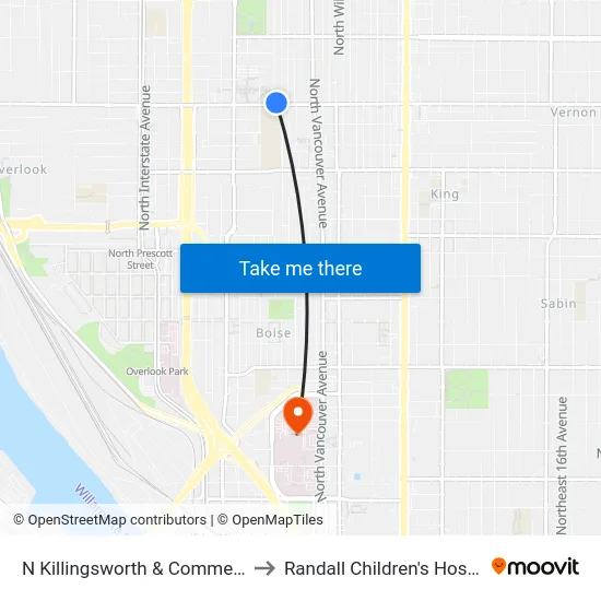 N Killingsworth & Commercial to Randall Children's Hospital map