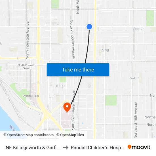 NE Killingsworth & Garfield to Randall Children's Hospital map