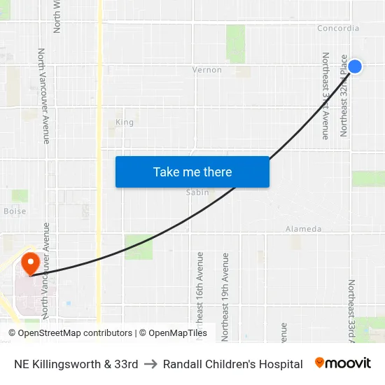 NE Killingsworth & 33rd to Randall Children's Hospital map