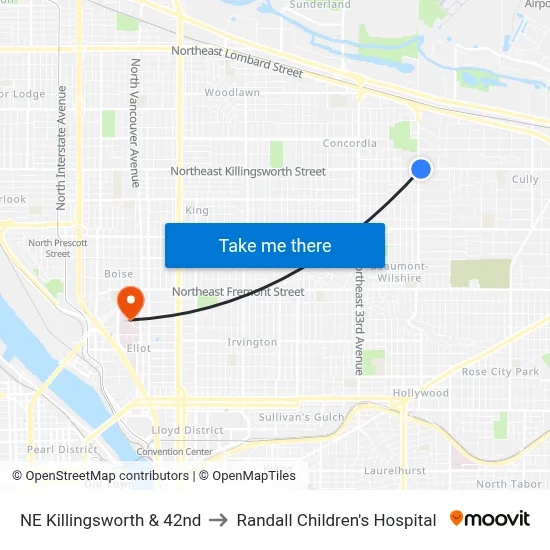 NE Killingsworth & 42nd to Randall Children's Hospital map