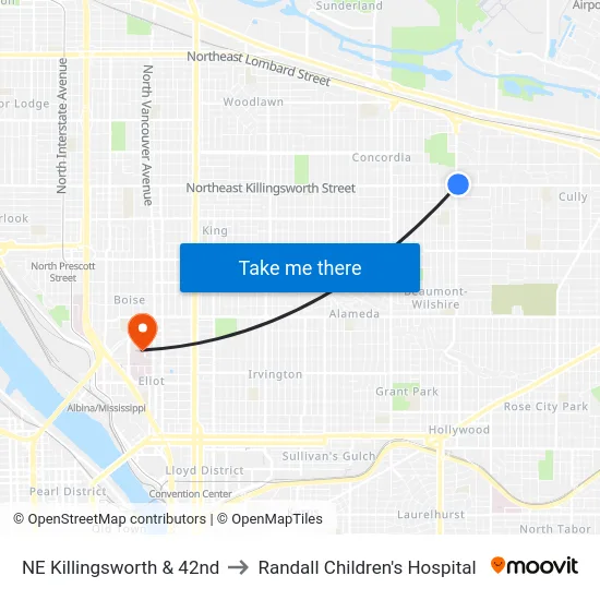 NE Killingsworth & 42nd to Randall Children's Hospital map