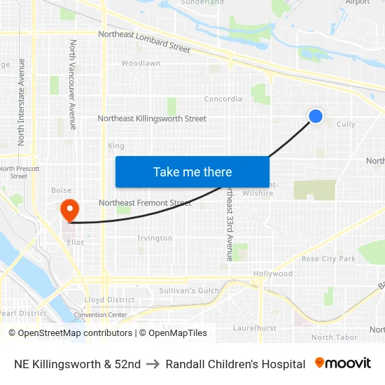 NE Killingsworth & 52nd to Randall Children's Hospital map