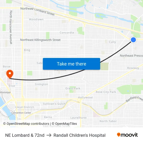 NE Lombard & 72nd to Randall Children's Hospital map