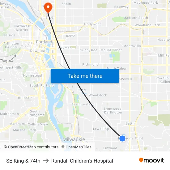 SE King & 74th to Randall Children's Hospital map
