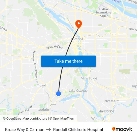 Kruse Way & Carman to Randall Children's Hospital map
