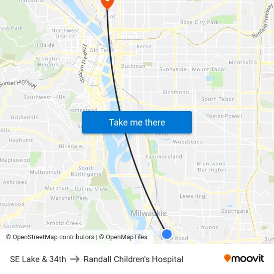 SE Lake & 34th to Randall Children's Hospital map