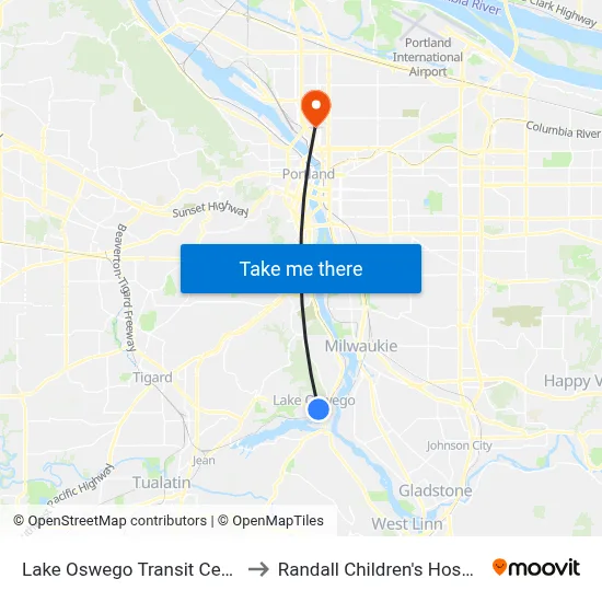 Lake Oswego Transit Center to Randall Children's Hospital map