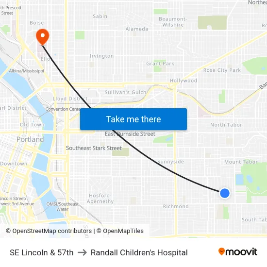SE Lincoln & 57th to Randall Children's Hospital map