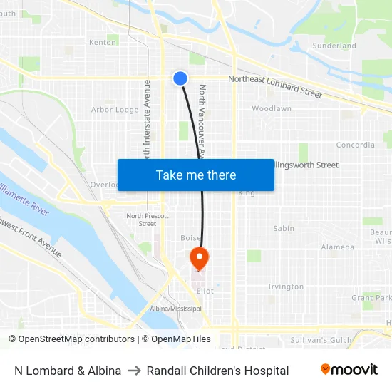 N Lombard & Albina to Randall Children's Hospital map