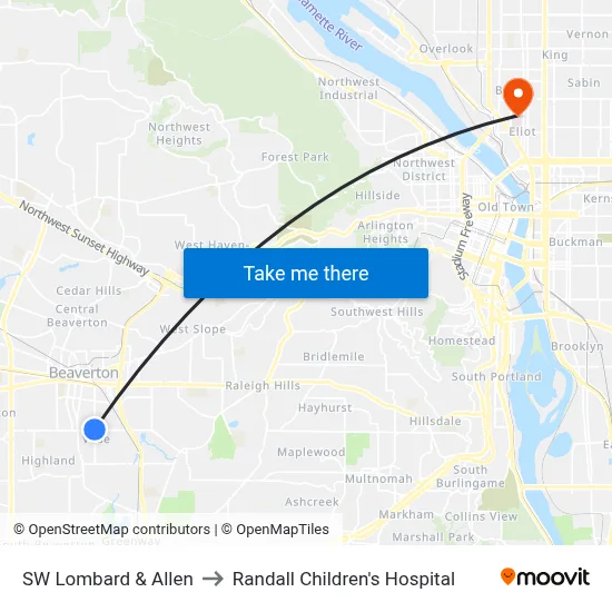 SW Lombard & Allen to Randall Children's Hospital map